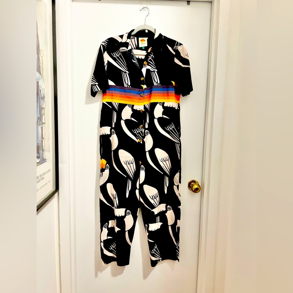 *RARE* FARM Rio Toucan Rainbow short sleeve jumpsuit